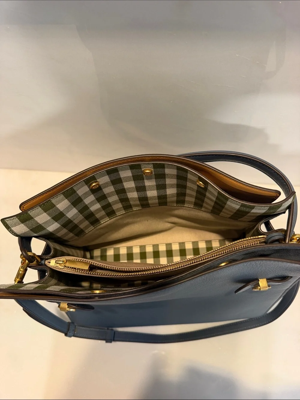 Tory Burch medium size “Lee Radziwill” Double Bag in blue leather. Pristine!